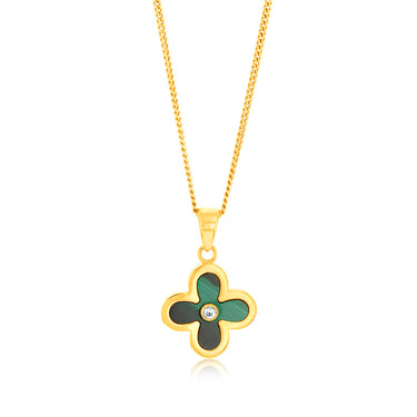 9ct Yellow Gold Natual Malachite 4 Leaf Clover Pendant