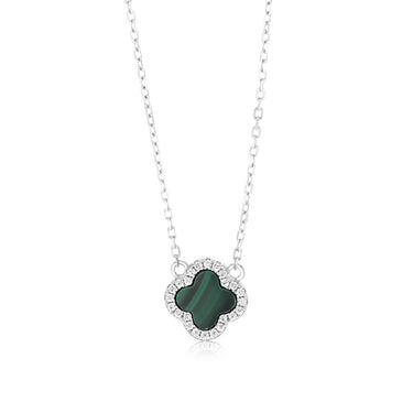 Clover Malachite And White Cubic Zirconia Pendant on 45cm Chain in Sterling Silver Rhodium Plated
