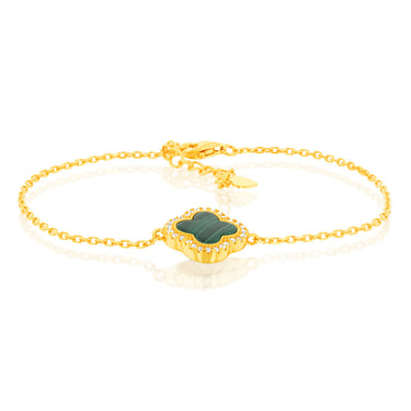 Clover Malachite & White Cubic Zirconia 20cm Bracelet in Gold Plated Silver