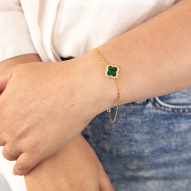 Clover Malachite & White Cubic Zirconia 20cm Bracelet in Gold Plated Silver