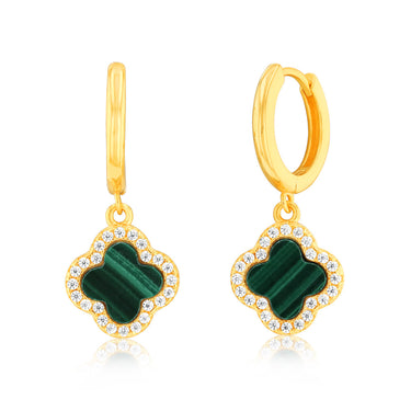 Clover Malachite & White Cubic Zirconia Huggy Earrings in Gold Plated Silver