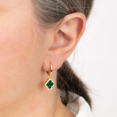 Clover Malachite & White Cubic Zirconia Huggy Earrings in Gold Plated Silver