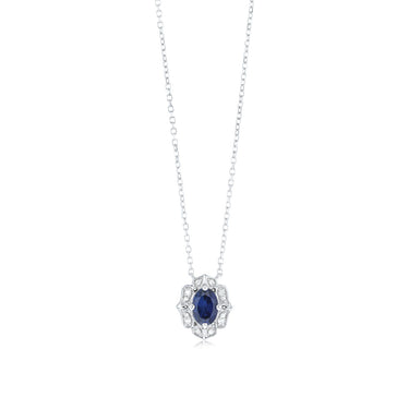 0.50 Carat Created Blue Sapphire Oval and Diamond Pendant with 45cm Chain in 9ct White Gold