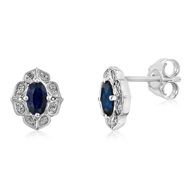 0.60 Carat Created Blue Sapphire Oval and Diamond Stud Earrings in 9ct White Gold