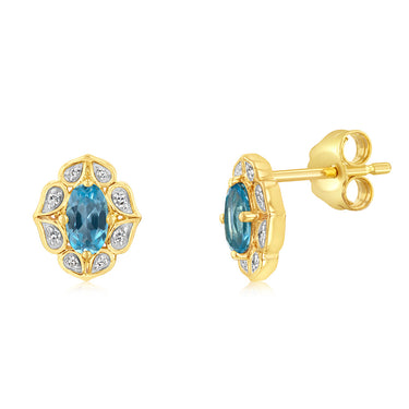 0.55 Carat Blue Topaz Oval and Diamond Earrings in 9ct Yellow Gold