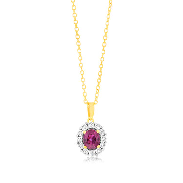 0.39 Carat Created Ruby Oval Shaped and Diamond Pendant with 45cm Chain in 9ct Yellow Gold