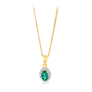 Created Emerald & Diamonds Pendant in 9ct Yellow Gold