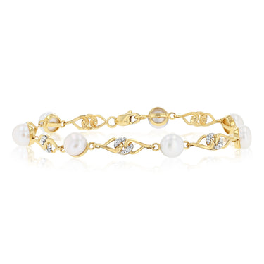 Freshwater Pearl & Diamond Bracelet 18cm in 9ct Yellow Gold