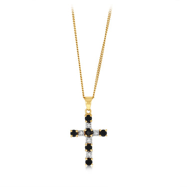 0.61 Carat Black Sapphire and Diamond Cross Pendant in 9ct Yellow Gold