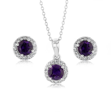 Amethyst and White Zirconia Earring and Pendant on Chain in Sterling Silver