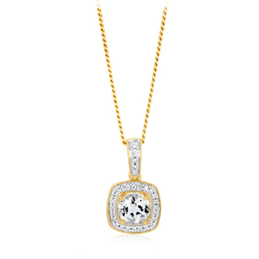 White Topaz and Diamond Pendant in 9ct Yellow Gold