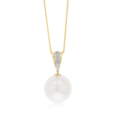 12-14mm White South Seal Pearl Pendant with 3 Diamonds in 9ct Yellow Gold on 45cm Chain