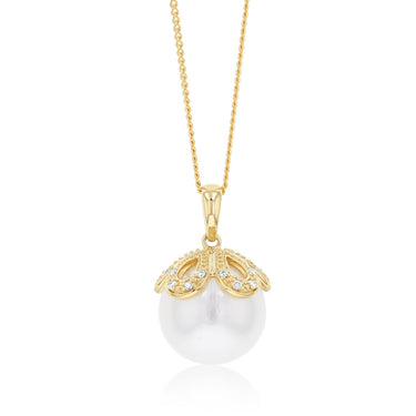 12-14mm White South Seal Pearl Pendant with 20 Diamonds in 9ct Yellow Gold on 45cm Chain