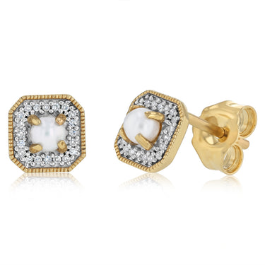 0.46 Carat Freshwater Pearls and Diamond Stud Earrings in 9ct Yellow Gold