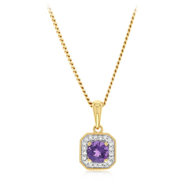 Created Amethyst and Diamond Pendant in 9ct Yellow Gold
