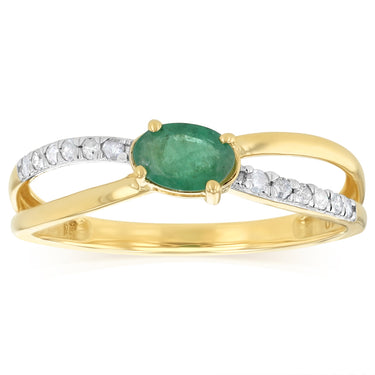Natural Emerald and 1/10 Carat Diamond Ring in 9ct Yellow Gold