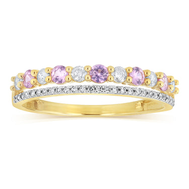 Natural Pink Sapphire and 1/4 Carat Diamond Ring in 9ct Yellow Gold