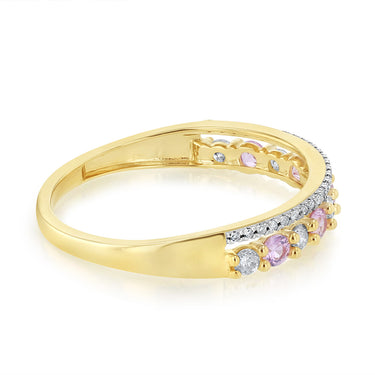 Natural Pink Sapphire and 1/4 Carat Diamond Ring in 9ct Yellow Gold