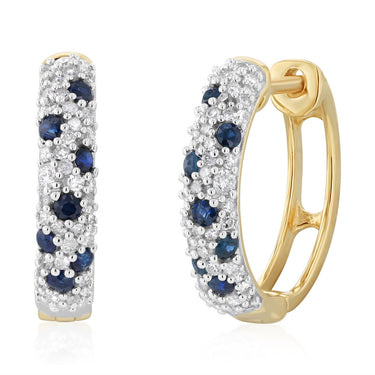 Natural Blue Sapphire and 1/4 Carat Diamond Hoop Earring in 9ct Yellow Gold
