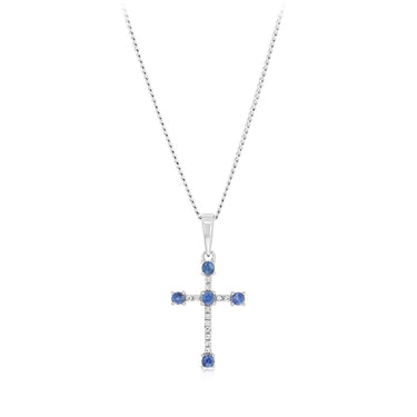 Natural Blue Sapphire and Diamonds Cross Pendant in 9ct White Gold