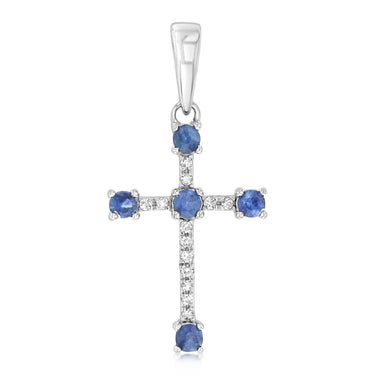 Natural Blue Sapphire and Diamonds Cross Pendant in 9ct White Gold