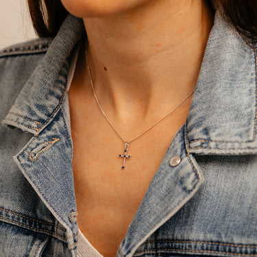 Natural Blue Sapphire and Diamonds Cross Pendant in 9ct White Gold