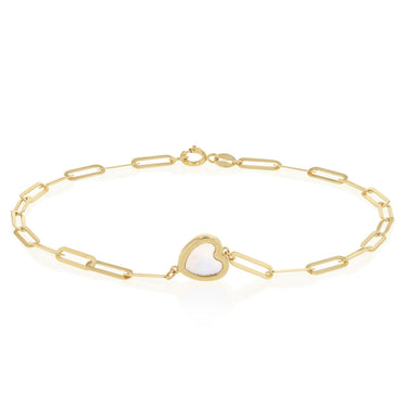 Mother of Pearl Heart Paperclip Bracelet in 9ct Yellow Gold