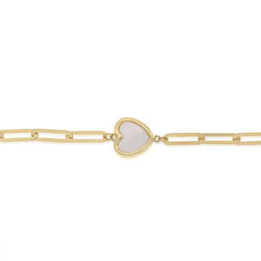 Mother of Pearl Heart Paperclip Bracelet in 9ct Yellow Gold