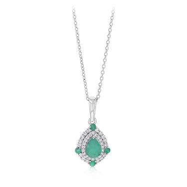 Natural Emerald and White Cubic Zirconia Pendant on Adjustable 50cm Chain in Sterling Silver