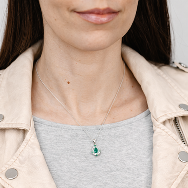 Natural Emerald and White Cubic Zirconia Pendant on Adjustable 50cm Chain in Sterling Silver