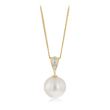 12-14mm White South Seal Pearl Pendant with 3 Diamonds in 9ct Yellow Gold