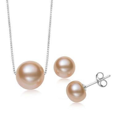 Pink Freshwater Pearl Chain and Earrings Matching Set in Sterling Silver