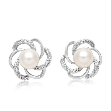 White 6-7mm Freshwater Pearl and Diamond Earrings in Sterling Silver