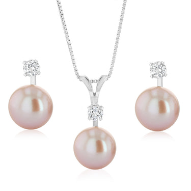 8-9mm Pink Freshwater Pearl Pendant and Earrings Matching Set in Sterling Silver
