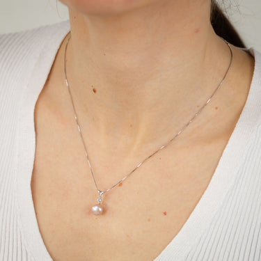 8-9mm Pink Freshwater Pearl and Created White Sapphire Pendant and Earrings Matching Set in Sterling Silver