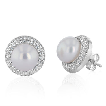 8-9mm White Freshwater Pearl and Created Sapphire Earrings in Sterling Silver