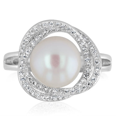9-10mm White Freshwater Pearl and Cubic Zirconia Ring in Sterling Silver