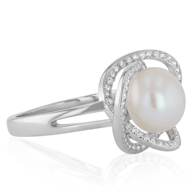 9-10mm White Freshwater Pearl and Cubic Zirconia Ring in Sterling Silver