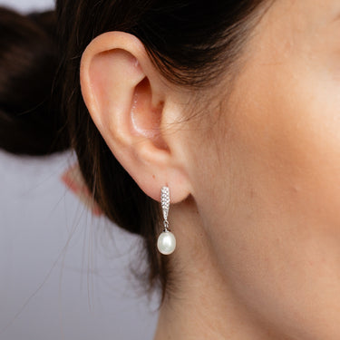 6-7mm White Freshwater Pearl and Created Sapphire Earrings in Sterling Silver
