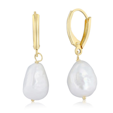 9.5-10.5mm White Baroque Freshwater Pearl Earrings in Gold Plated Sterling Silver