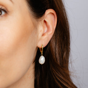 9.5-10.5mm White Baroque Freshwater Pearl Earrings in Gold Plated Sterling Silver