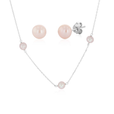 6-7mm Pink Freshwater Pearl Chain and Earrings Set in Sterling Silver