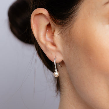 6.5-7mm Pink Freshwater Pearl and Created Sapphire Earrings in Sterling Silver