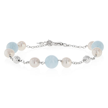 6-7mm White Freshwater Pearls and Aquamarine Bracelet in Sterling Silver