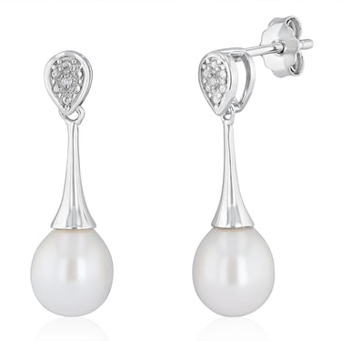 7-8mm White Freshwater Pearl and Diamond Earrings in Sterling Silver