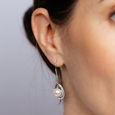 8-9mm White Freshwater Pearl and Created Sapphire Earrings in Sterling Silver
