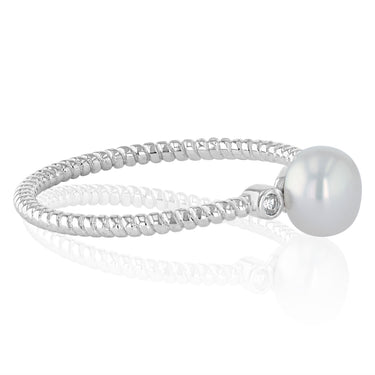5-6mm White Freshwater Pearl and Created Sapphire Ring in Sterling Silver