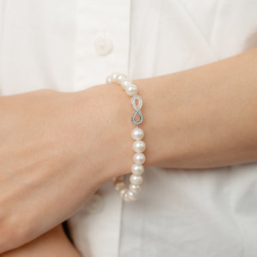 7-8mm Infinity White Freshwater Pearl Bracelet in Sterling Silver
