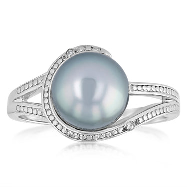 8-9mm Black Tahitian Pearl Diamond Ring in Sterling Silver