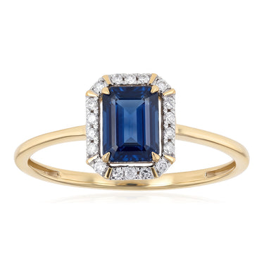 Natural Blue Sapphire and Diamond Halo Ring in 9ct Yellow Gold